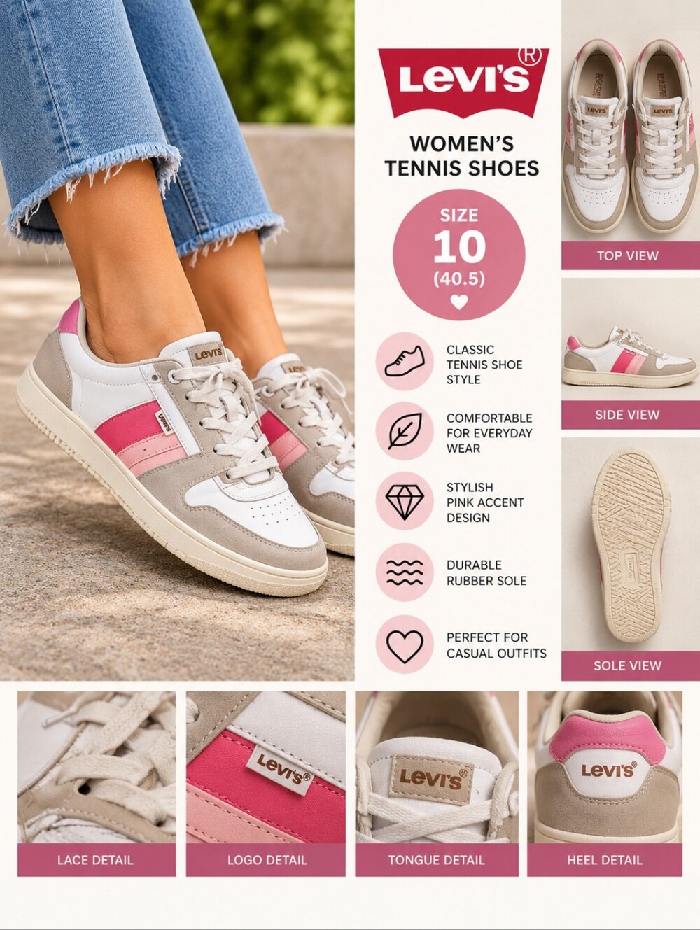 Levi Women's size 10 white pink tennis shoes #36